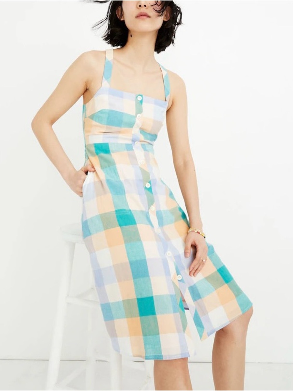 Madewell Tank Button-Front Midi Dress in Rainbow Check 4